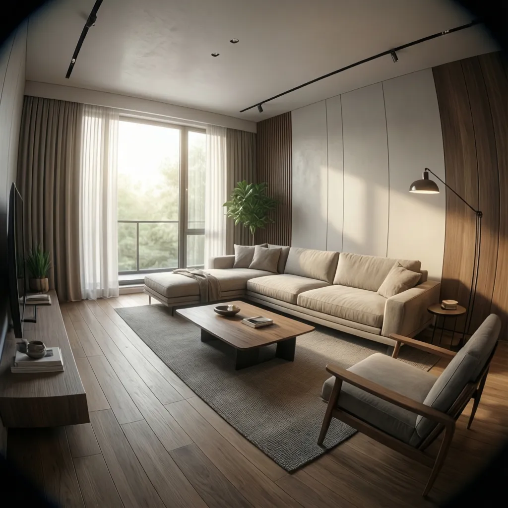 Render realista de salón moderno creado con software 3D