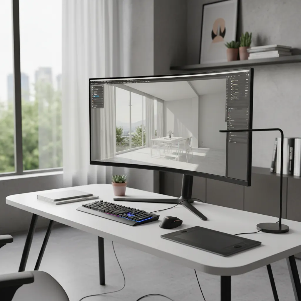 designer working with blender 3d rendering interface and interior scene preview