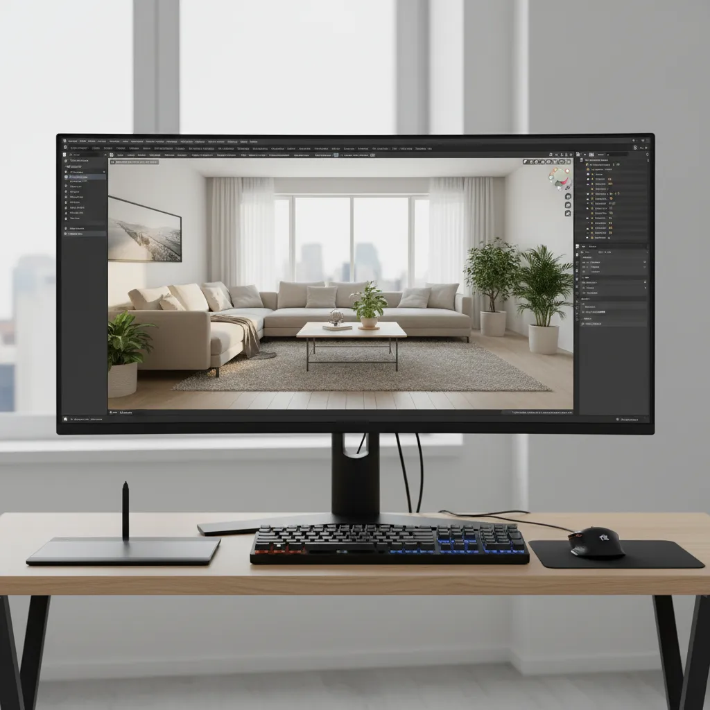 Blender rendering interface showing interior design scene
