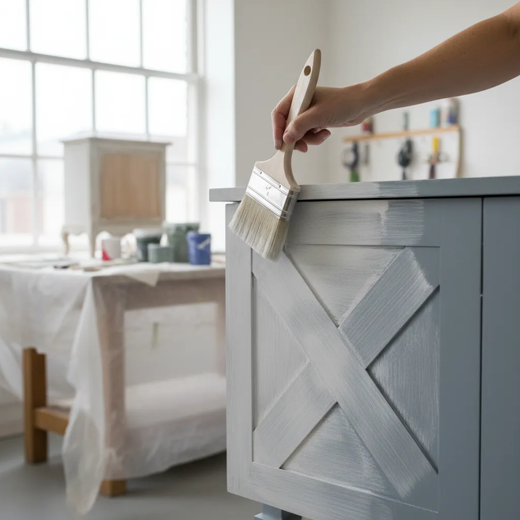 Person painting a grey wooden cabinet with a white wash using a wooden handle paint brush