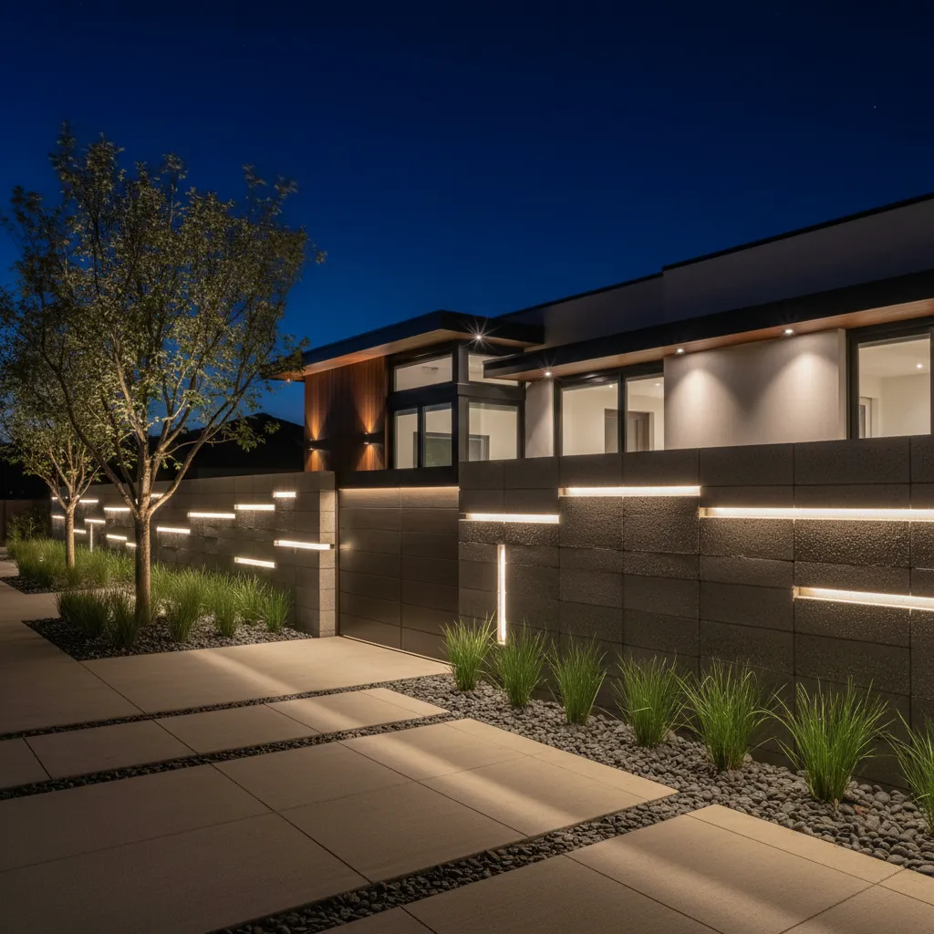 Cerca de bloques con iluminación exterior empotrada durante la noche