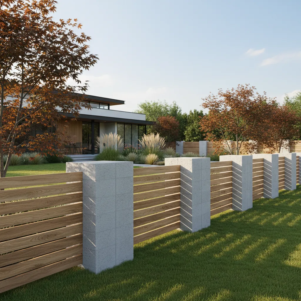 Cerca exterior con base de bloques y paneles de madera horizontal