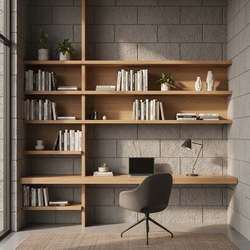 Concrete block wall with integrated wood shelving for storage