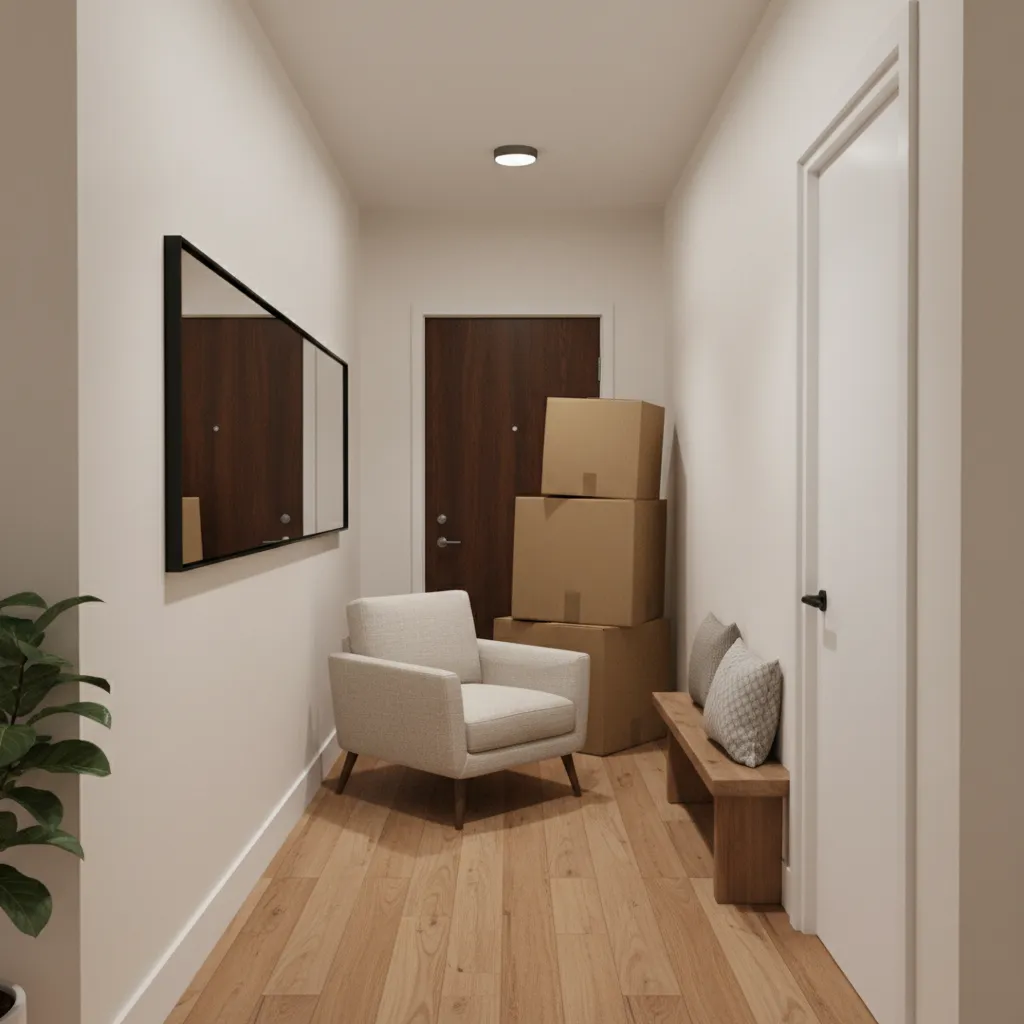 Furniture blocking exit path in small apartment hallway