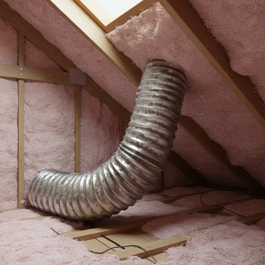 bathroom exhaust duct filled with dust showing airflow blockage