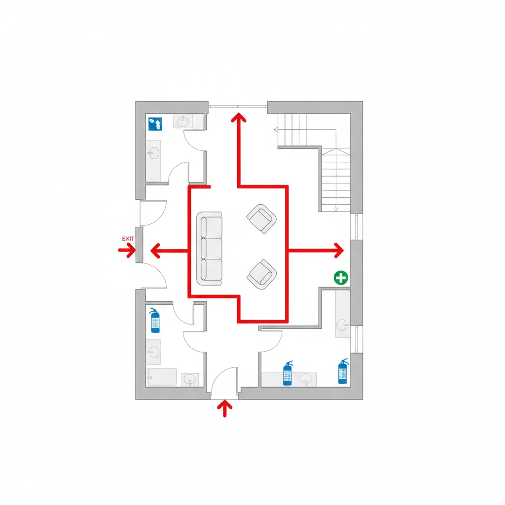 floor plan showing blocked evacuation corridor caused by furniture placement