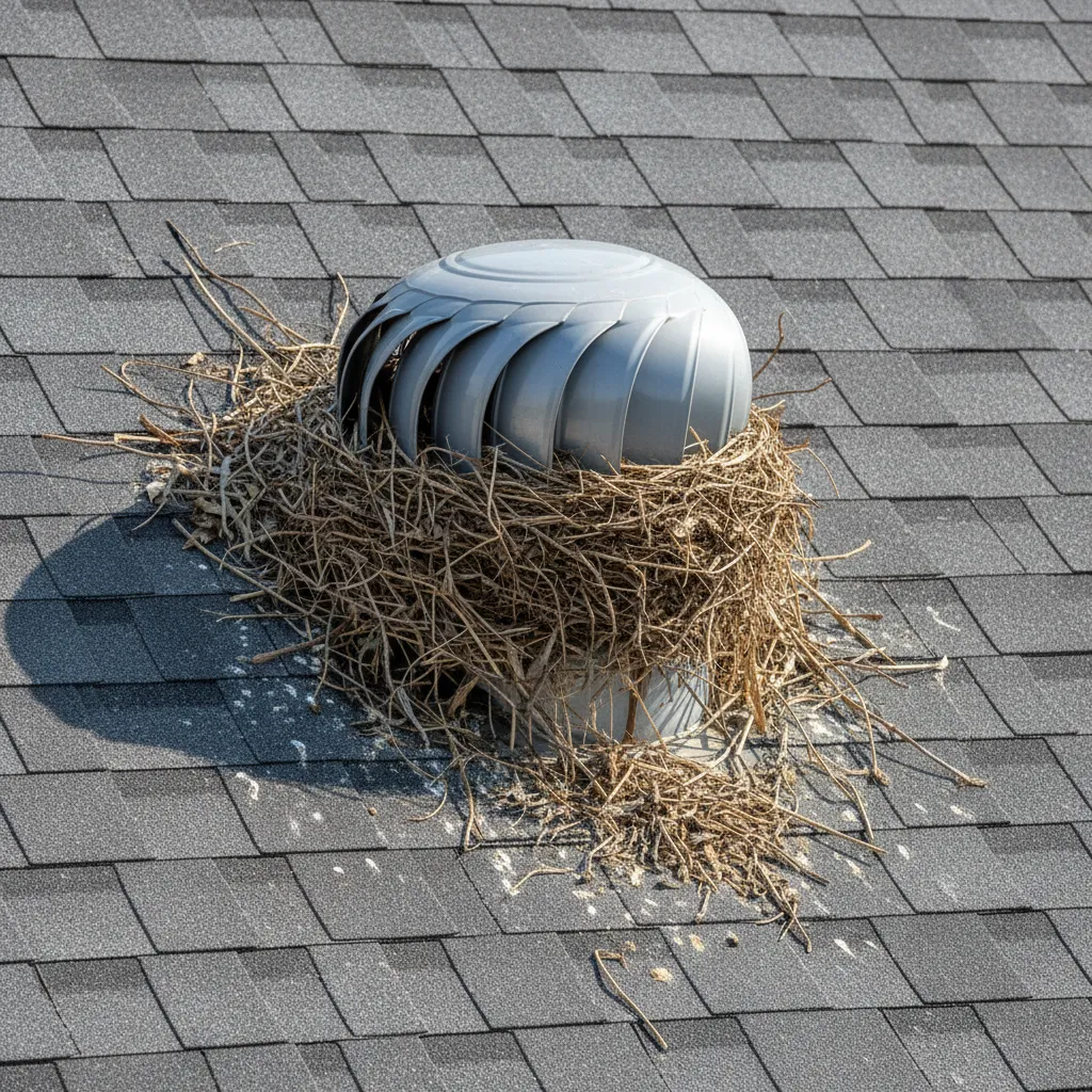 Gooseneck roof vent partially blocked by bird nest and debris