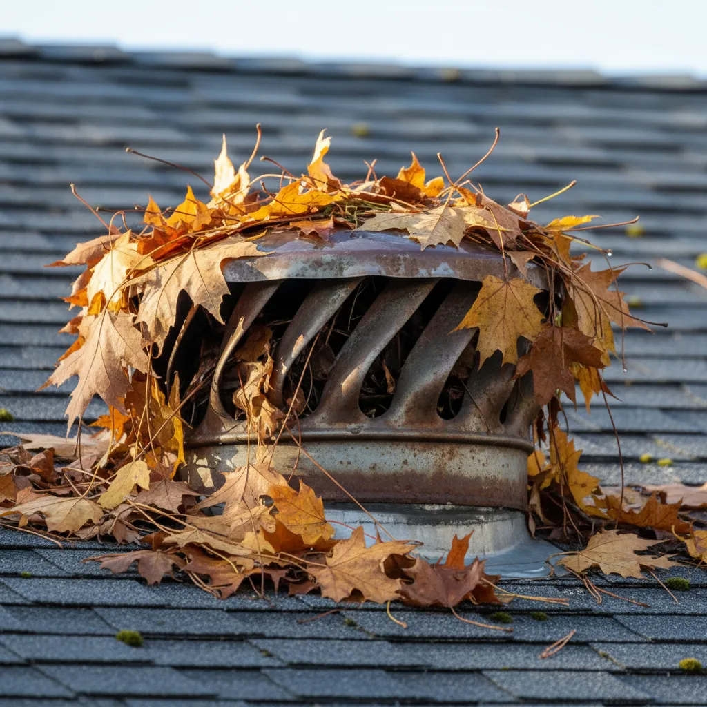 Close up of plumbing vent cap clogged with leaves and debris