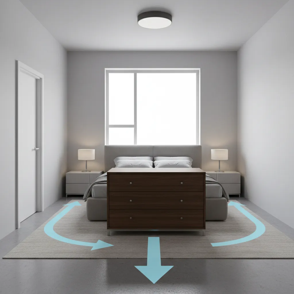 dresser blocking walking path in small bedroom layout