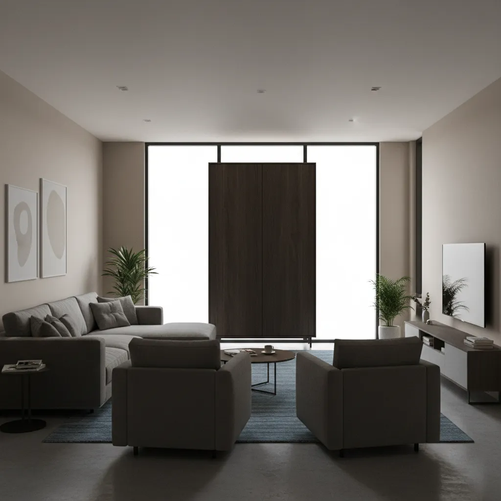 Living room layout where tall cabinet blocks window and natural light