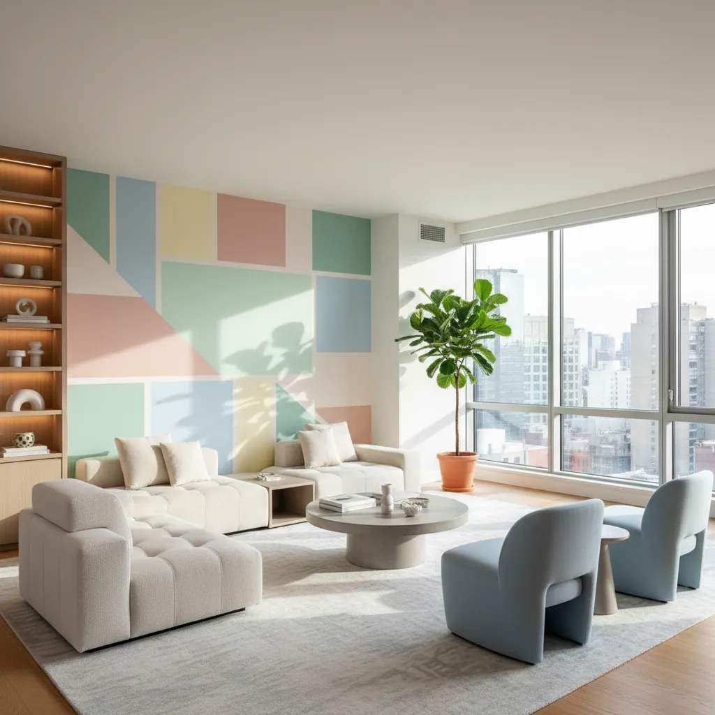 Living room with colorful geometric wall design beige sofa blue chairs coffee table and plant