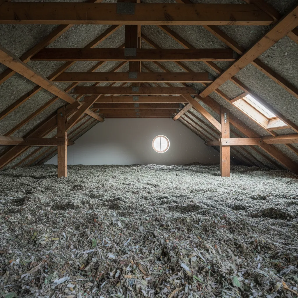 Blown cellulose insulation covering attic floor