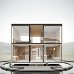 Modern two story house with glass windows showing wood kitchen bedroom and office near water