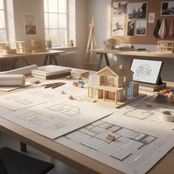 Wooden house model on desk with floor plans and tablet in bright interior design studio