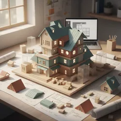 Wooden house model on a desk with paper floor plans and laptop for interior design work