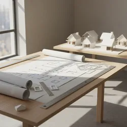 Wooden desk displaying house floor plans, rolled paper, rulers, and white house models near a window