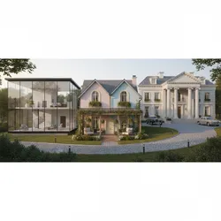 Three house styles featuring a glass box, colorful cottage, and large mansion with classic columns