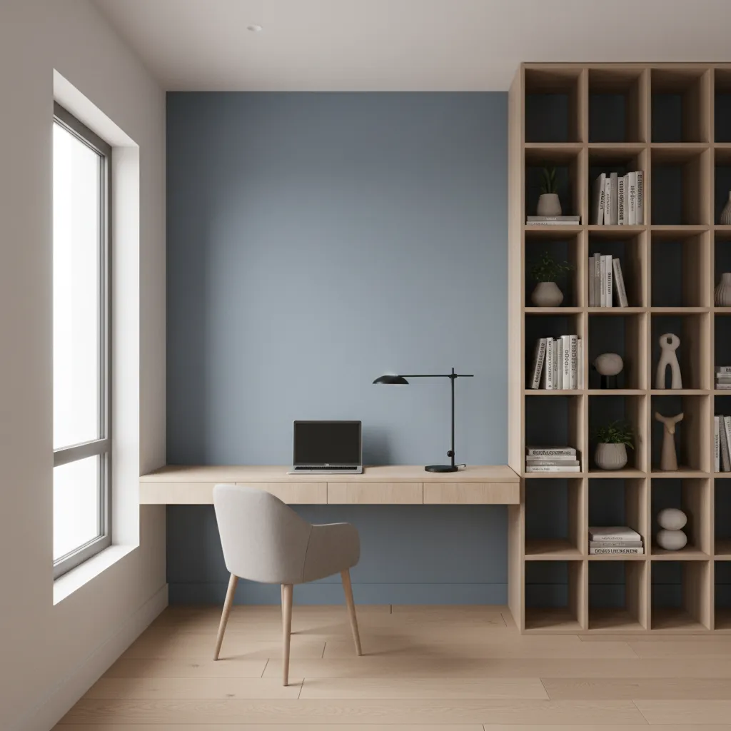 Study desk with muted blue accent wall behind workspace