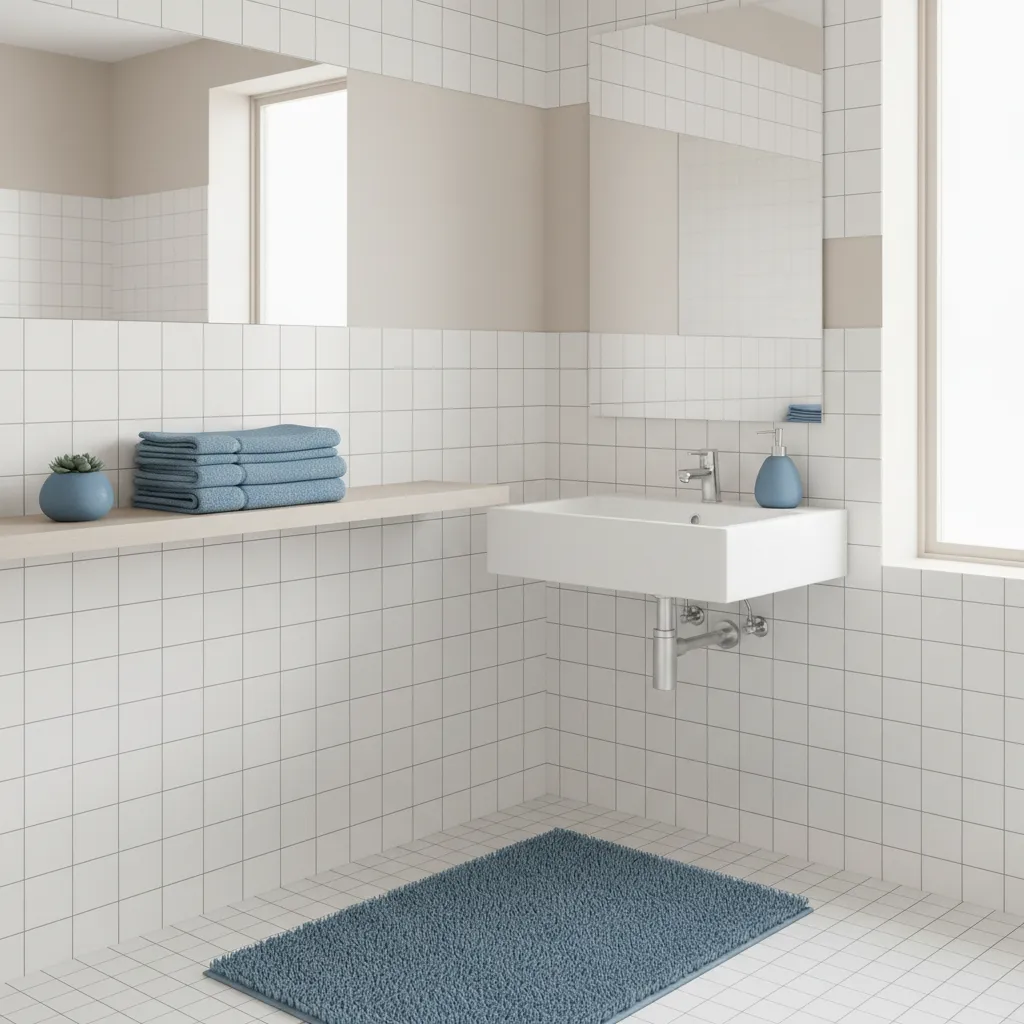 Small neutral bathroom styled with blue towels and accessories
