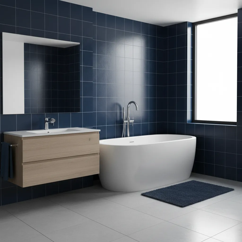 modern bathroom with dominant navy blue tiles and white fixtures