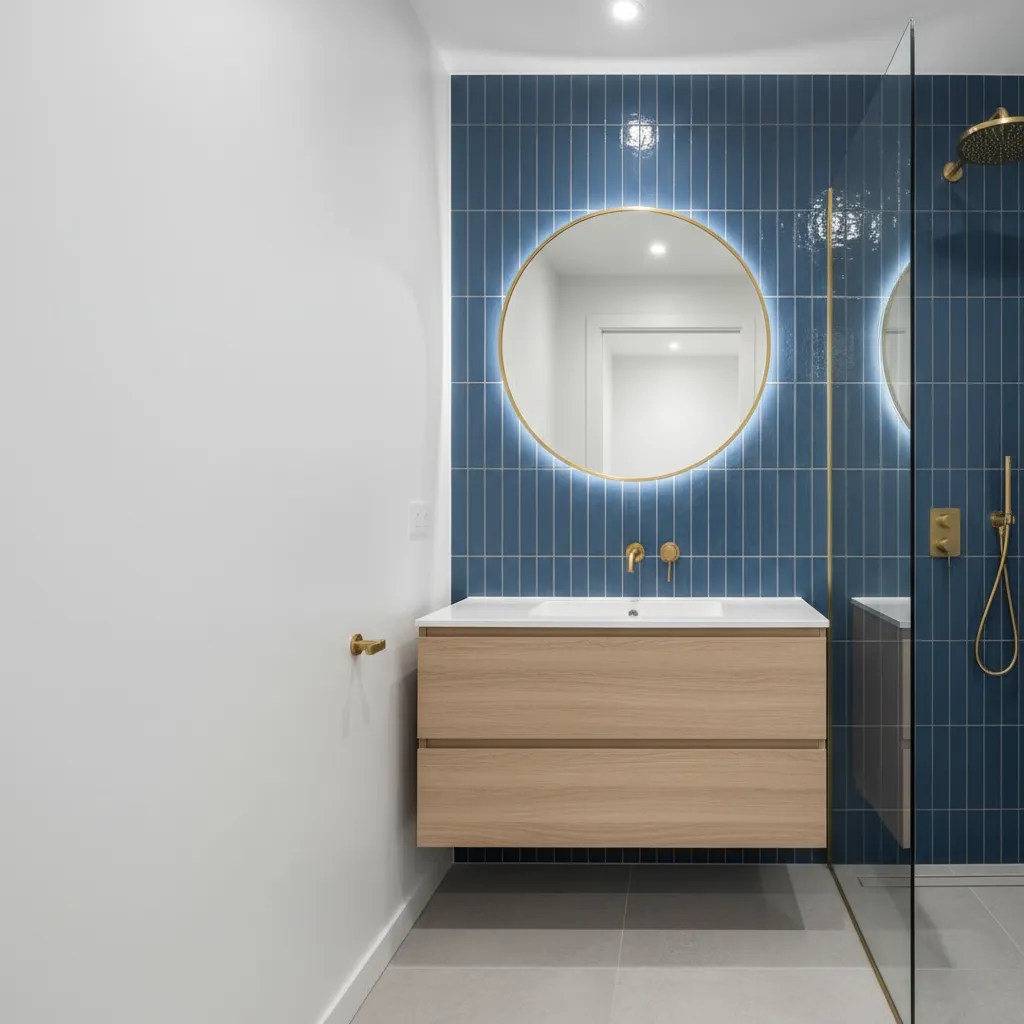 Small bathroom with blue tile feature wall behind vanity