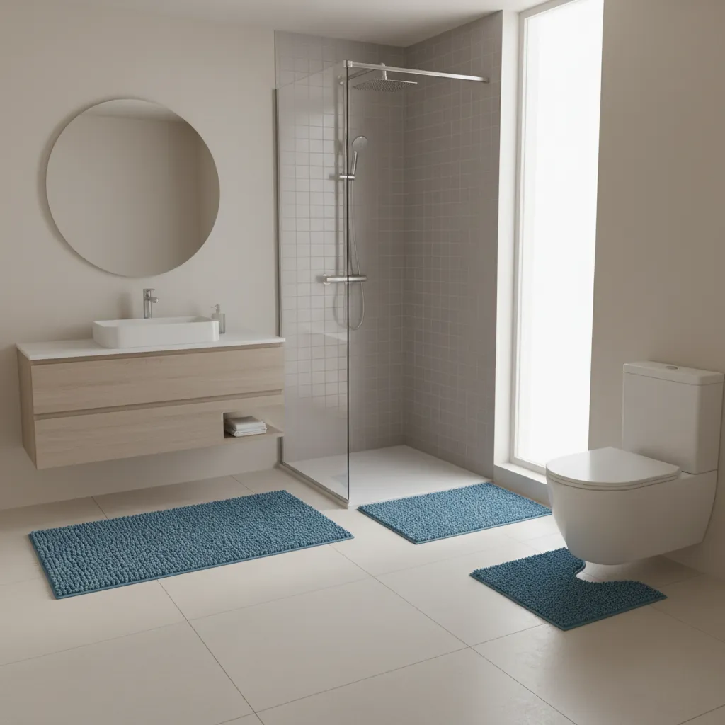 Blue bathroom rug set placed beside a shower in a modern humid bathroom