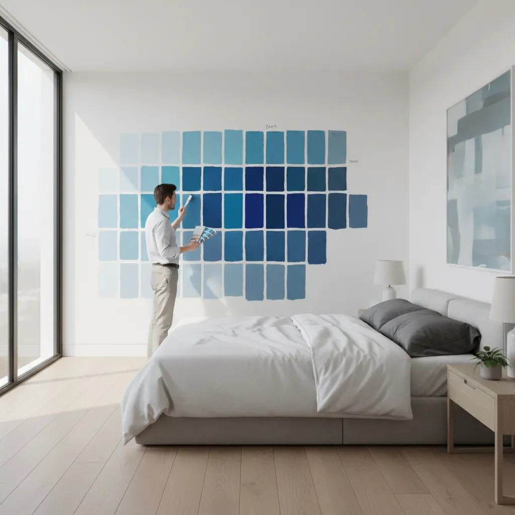 Wall with different blue paint samples in a bedroom lighting test
