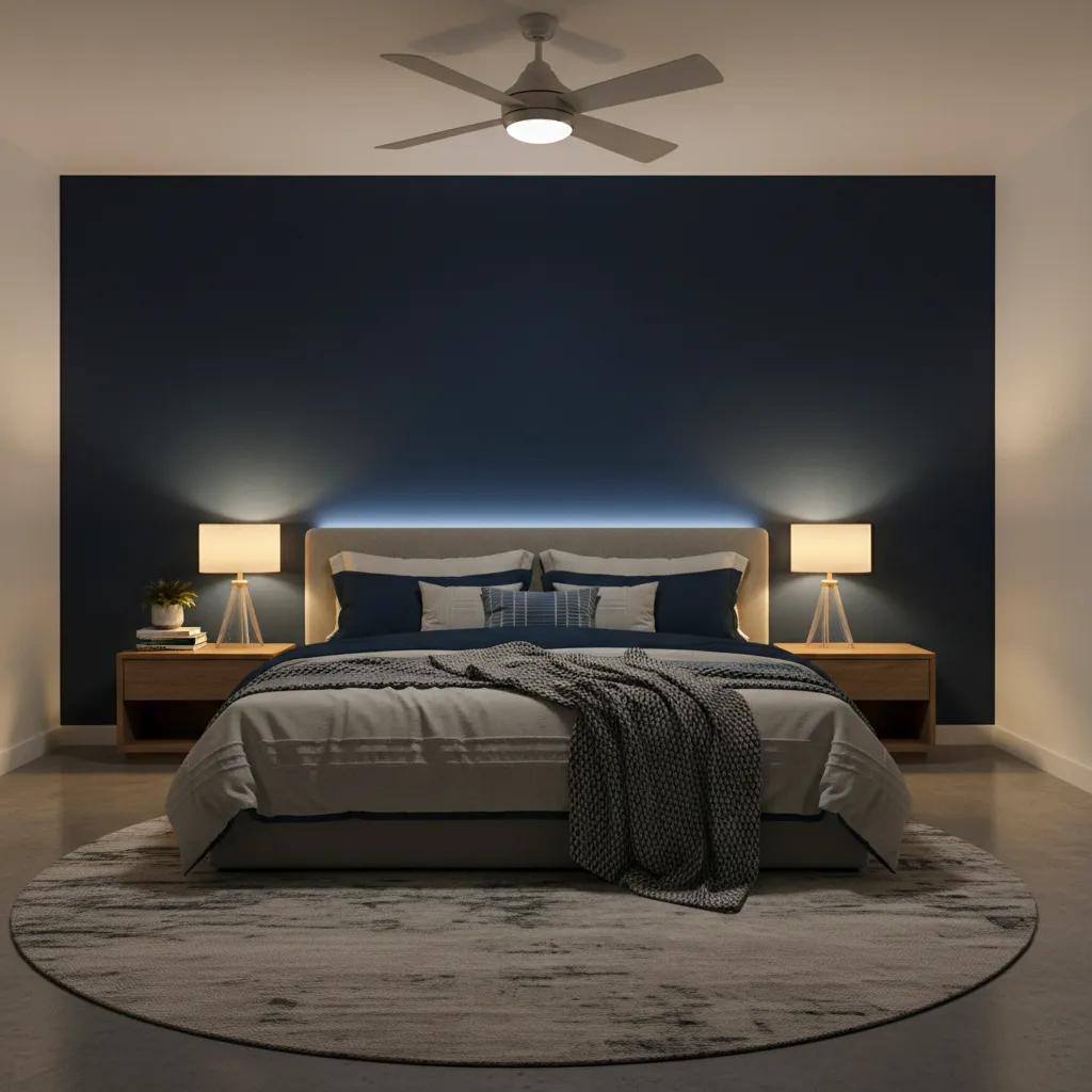 Blue bedroom with layered bedside lighting and warm ambiance