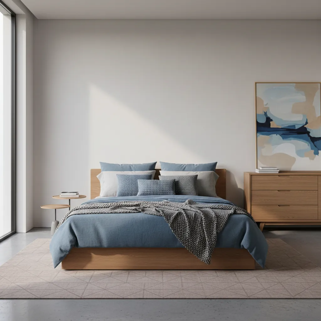 Blue bedroom with layered bedding textures and neutral rug