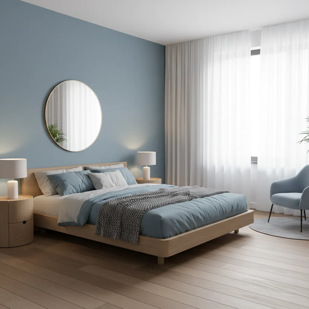 Dormitorio moderno en tonos azules suaves que transmiten calma