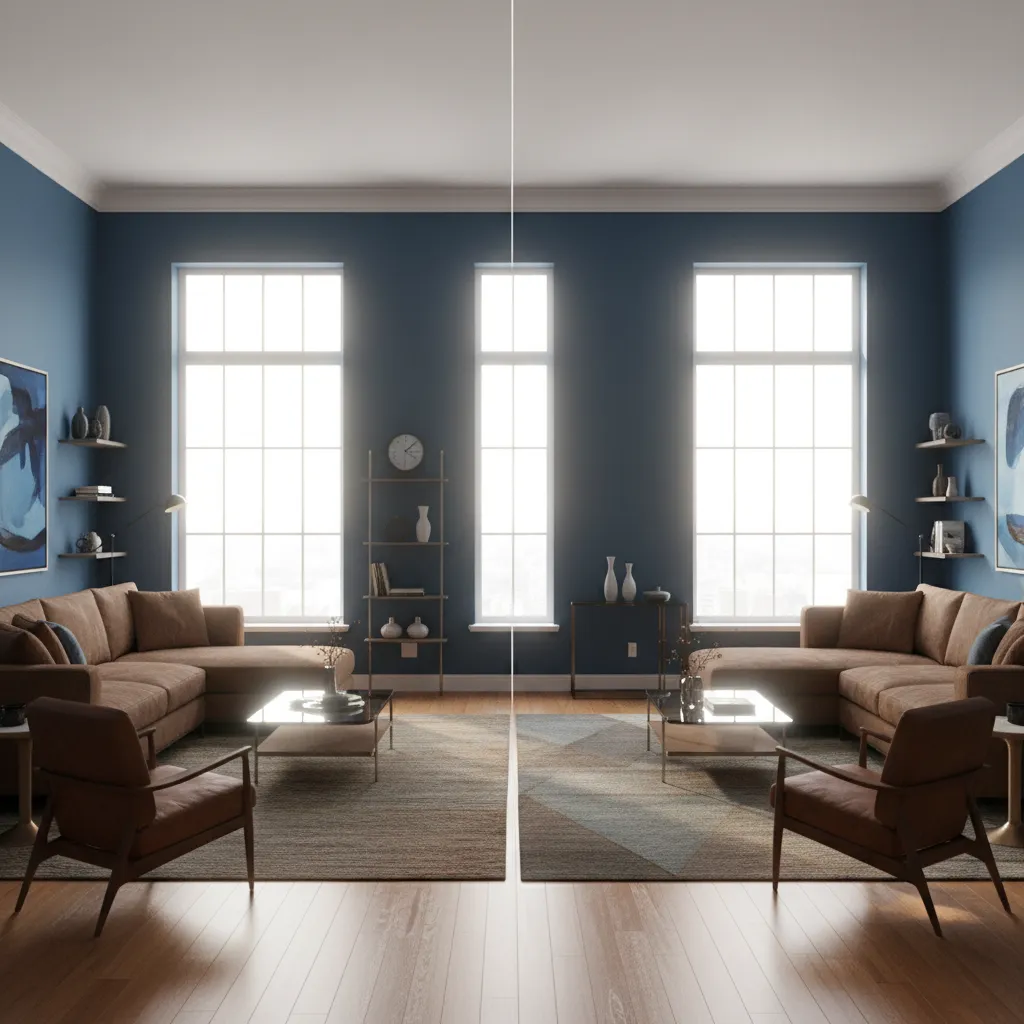 Living room showing how blue wall color changes under natural light