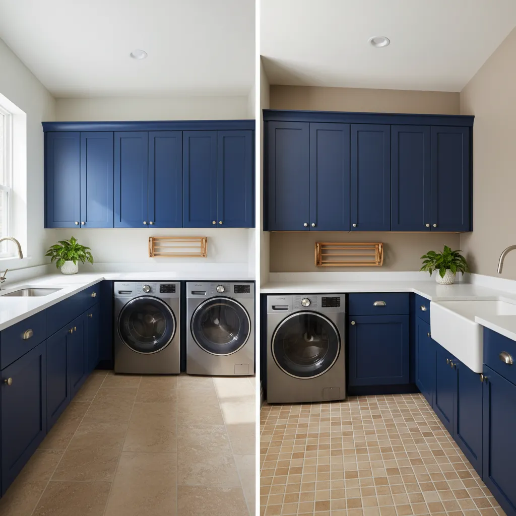 Laundry room showing blue cabinets with contrasting wall and flooring colors
