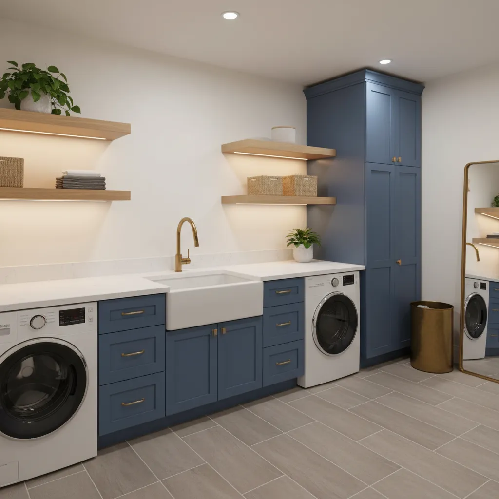 Laundry room design combining blue cabinets white countertop and wood shelves