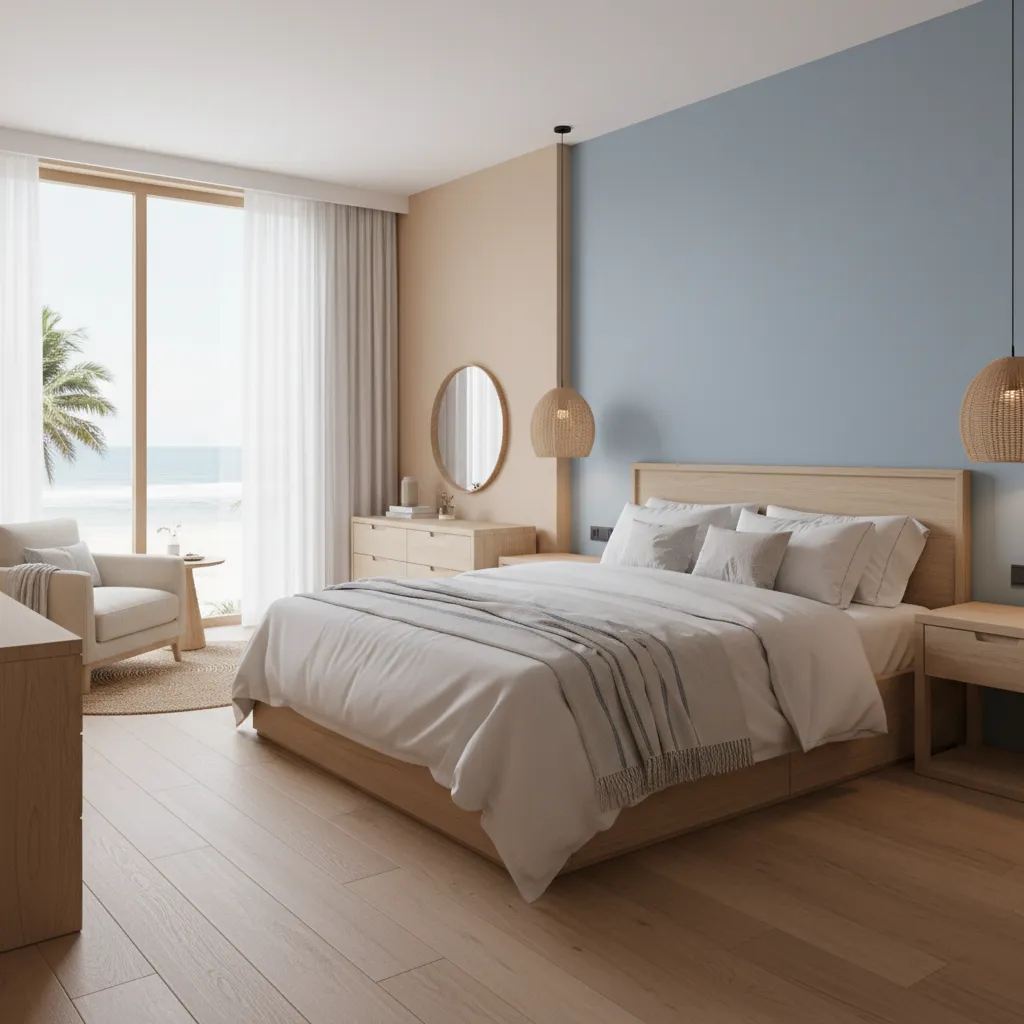 Coastal hotel room interior with soft blue accents and sand colored walls