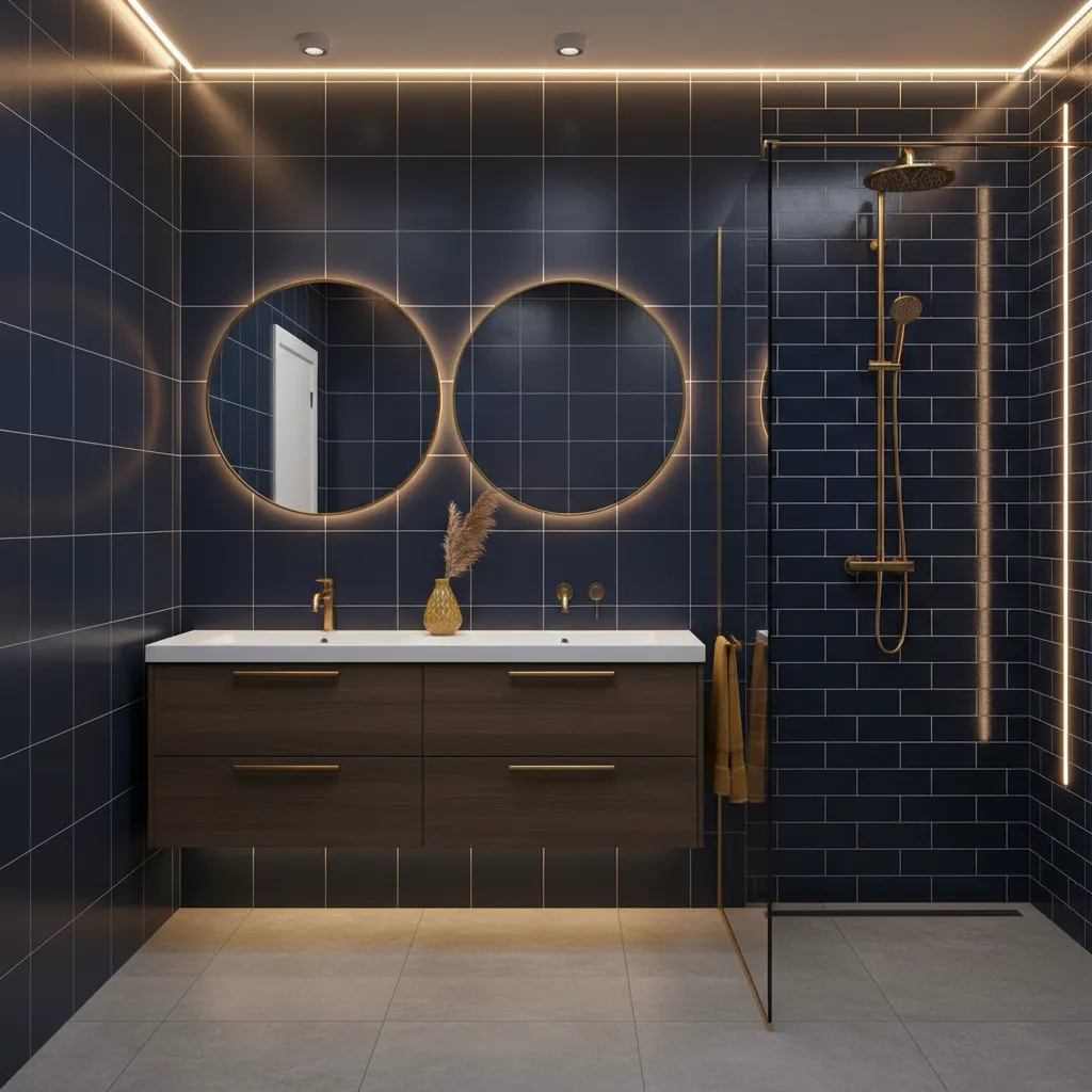 Blue dominant bathroom with navy tiles and subtle yellow accents
