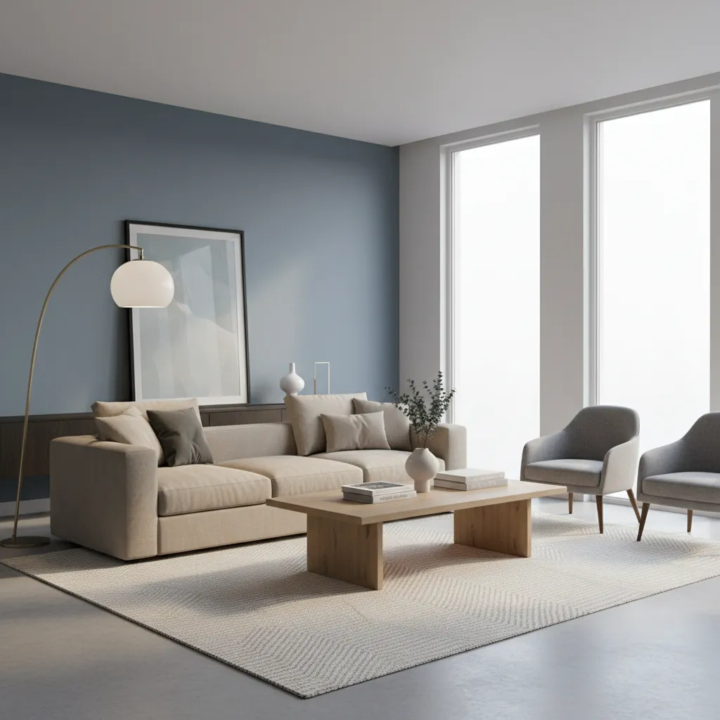 Muted blue dulux living room walls with beige sofa and brass accents