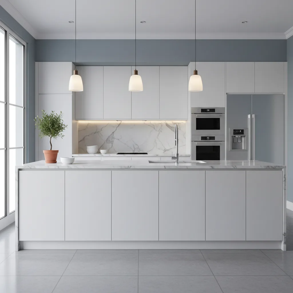 muted blue gray kitchen wall color with white cabinets