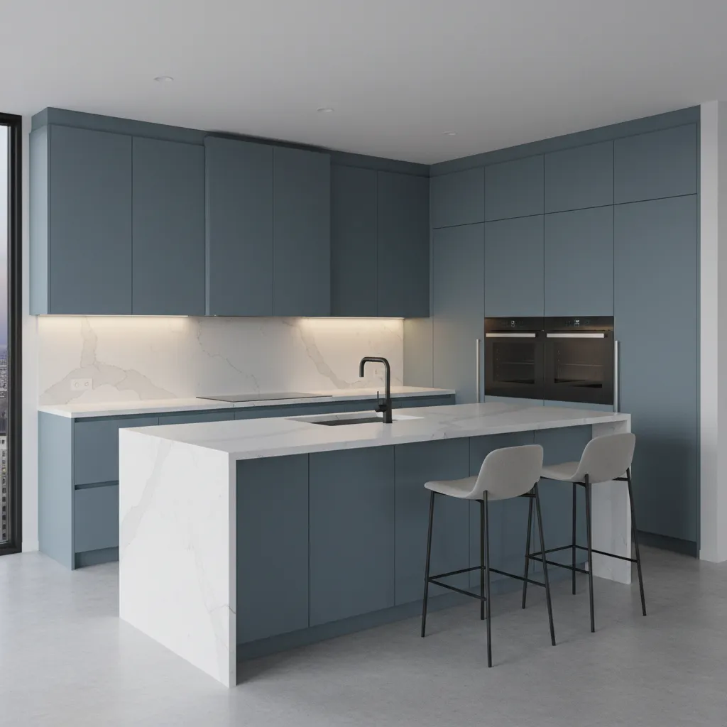 Cocina moderna con muebles azul grisáceo y diseño minimalista