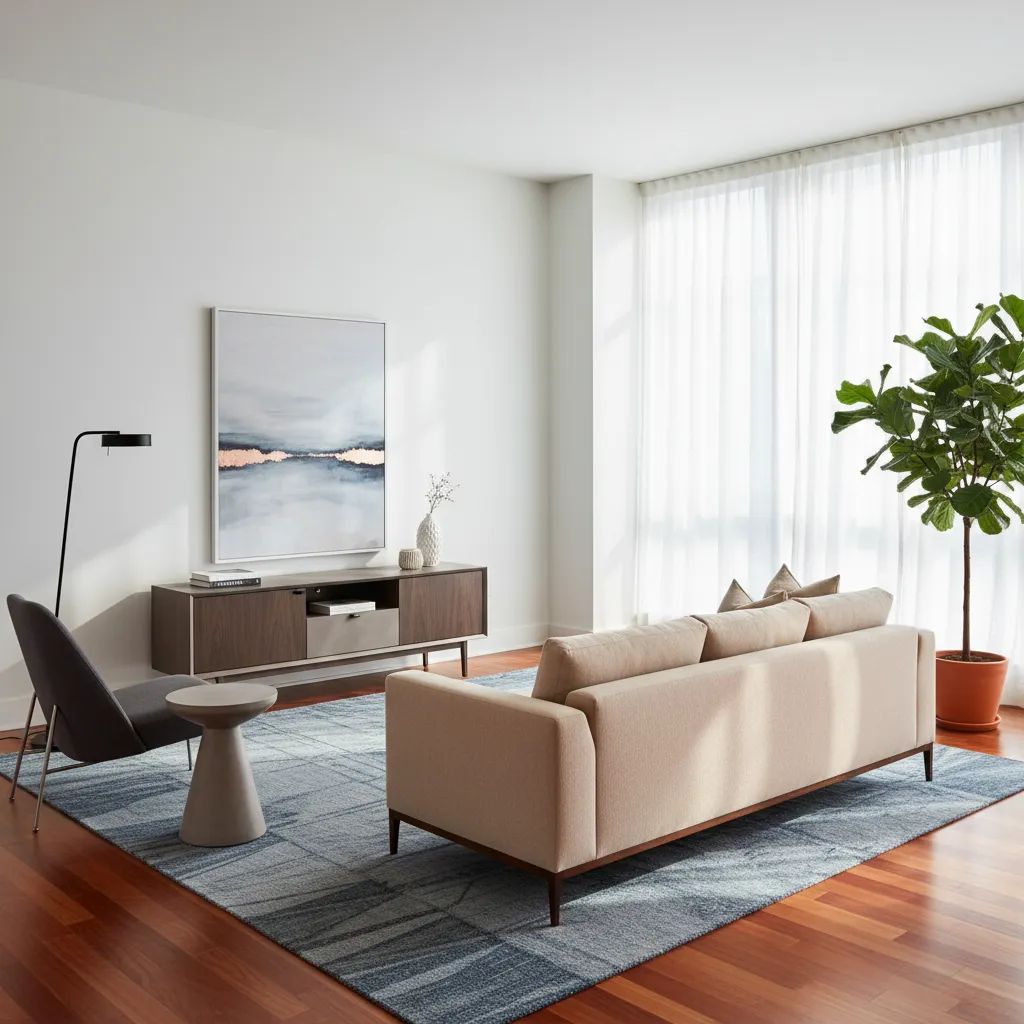 Beige sofa on blue patterned rug with cherry wood floor and large green potted plant