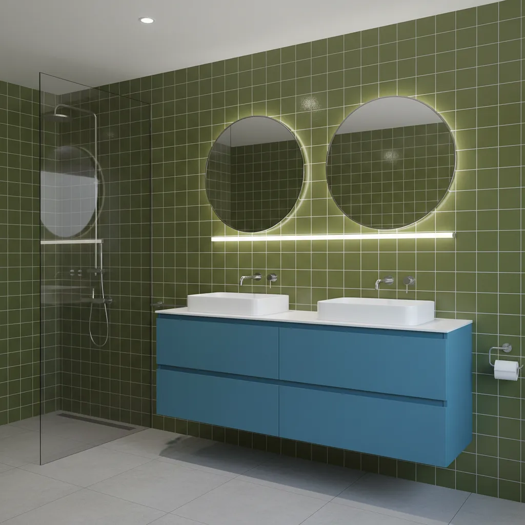 bathroom showing clashing blue and green tile colors with mismatched undertones
