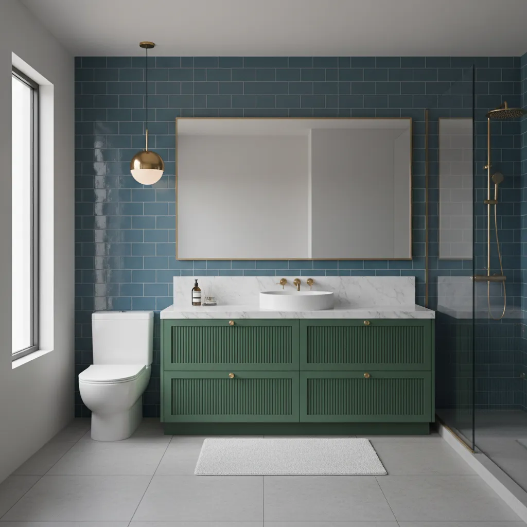 bathroom design showing blue tile wall paired with green cabinetry