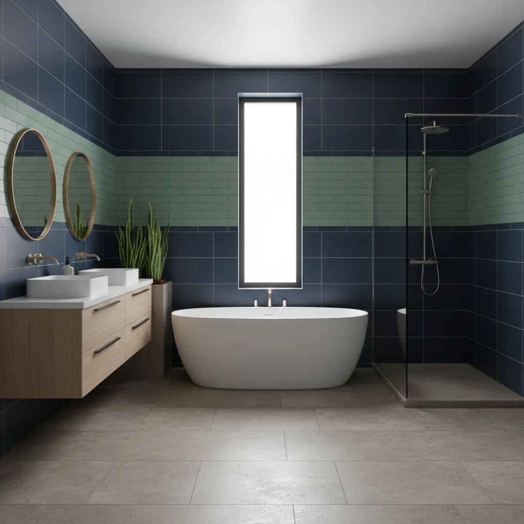 bathroom interior with balanced blue and green color palette