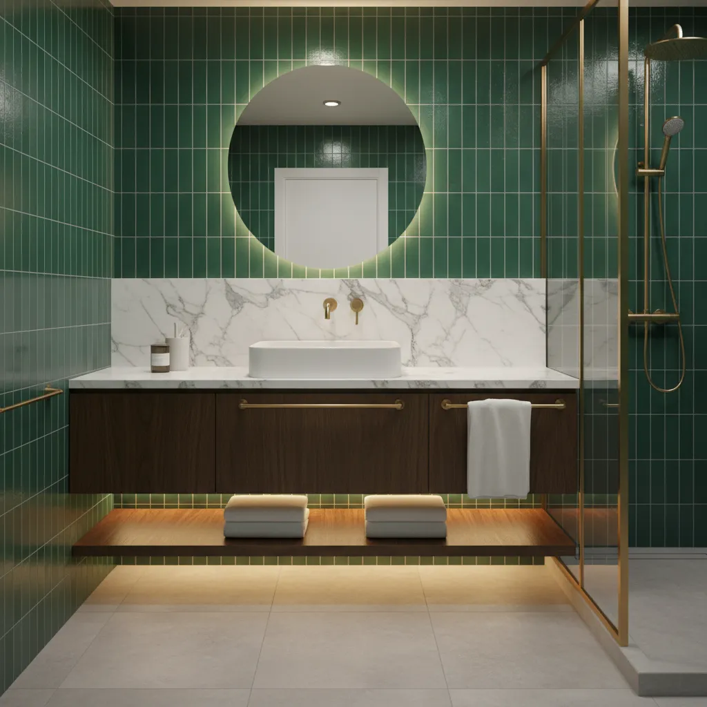 bathroom wall with emerald tiles and marble accents