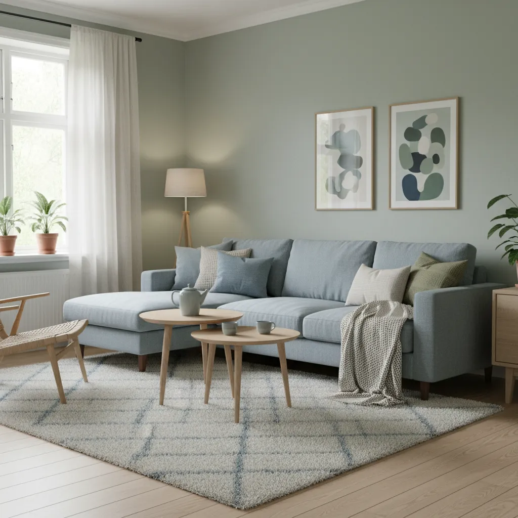 Sala de estar con tonos azul y verde que transmiten calma