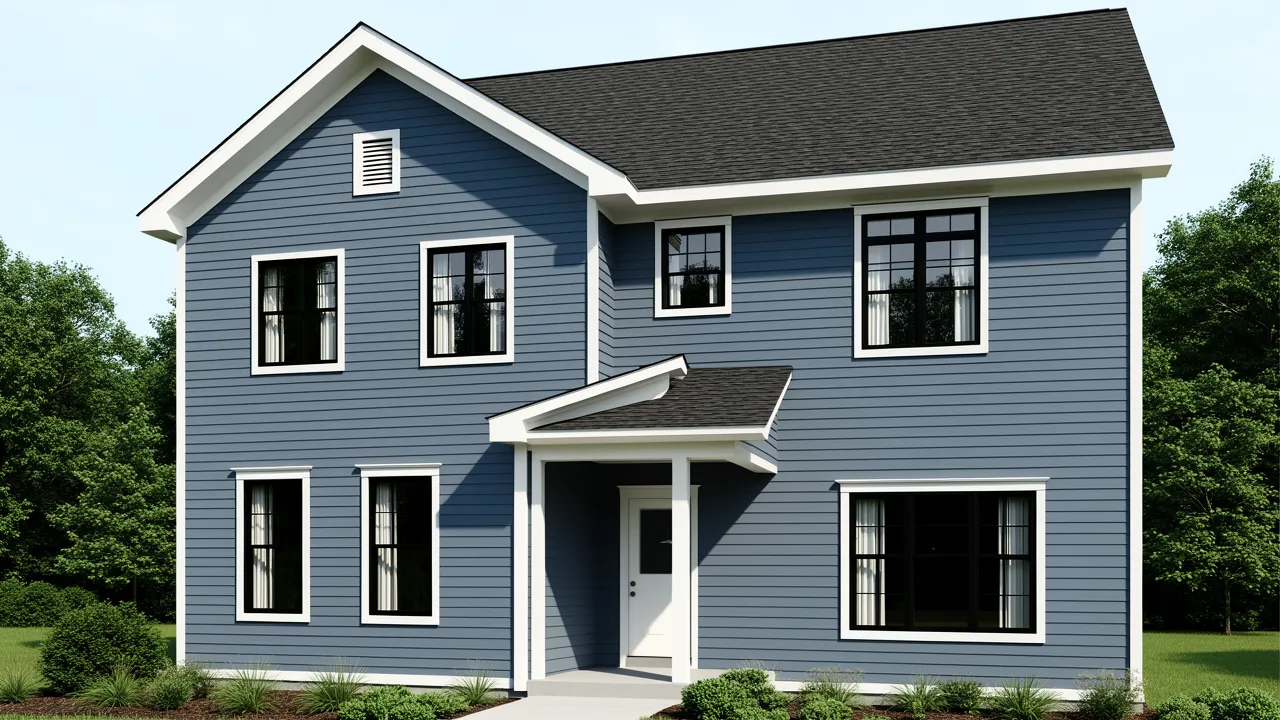 Blue grey exterior house with contrasting white trim and black windows