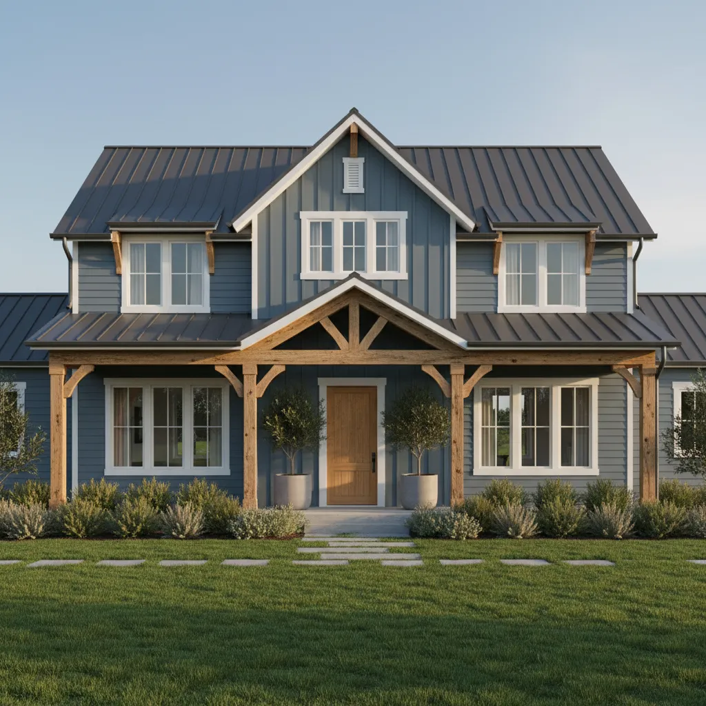 Blue grey house exterior with cedar wood door and warm accents