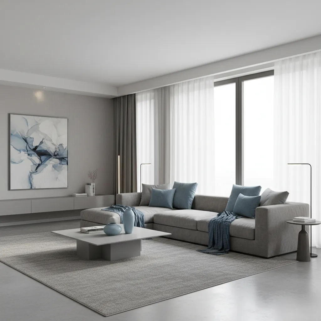 Grey living room with muted blue cushions and decor accents