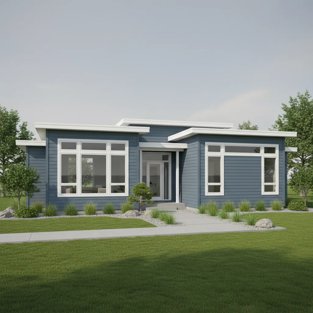 Contemporary home with blue grey siding and white trim