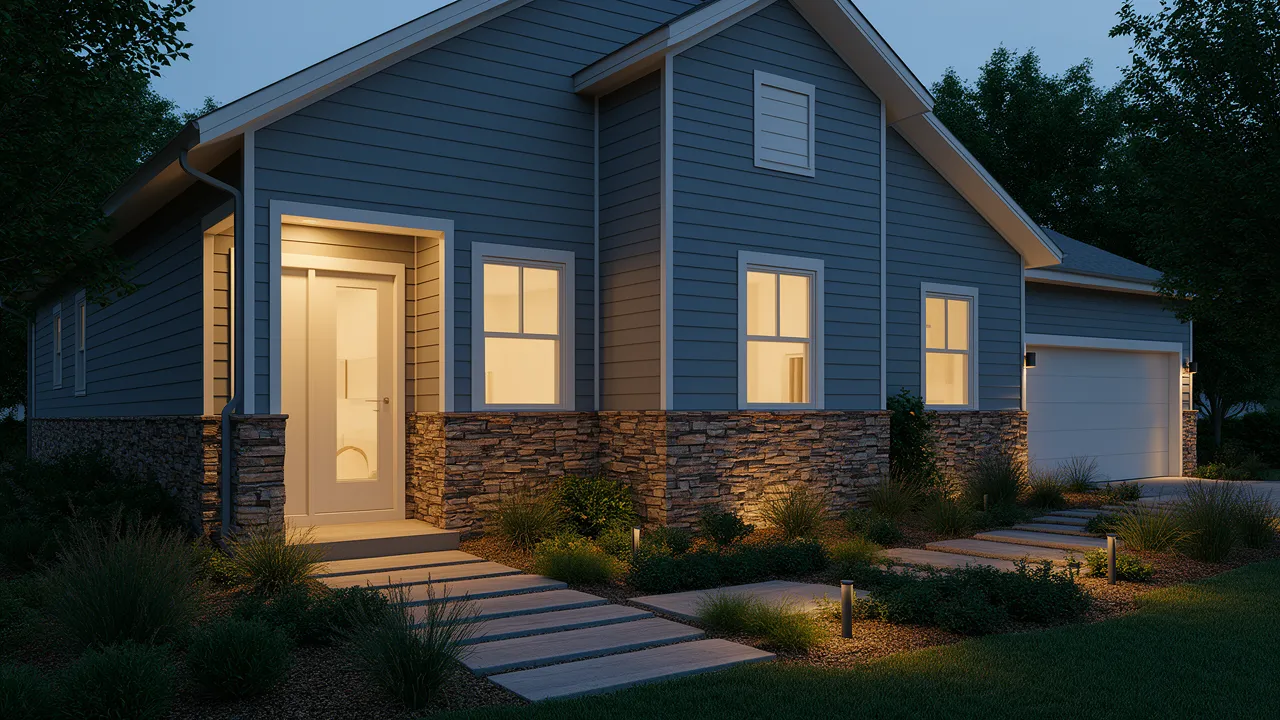 Blue grey siding combined with natural stone exterior wall