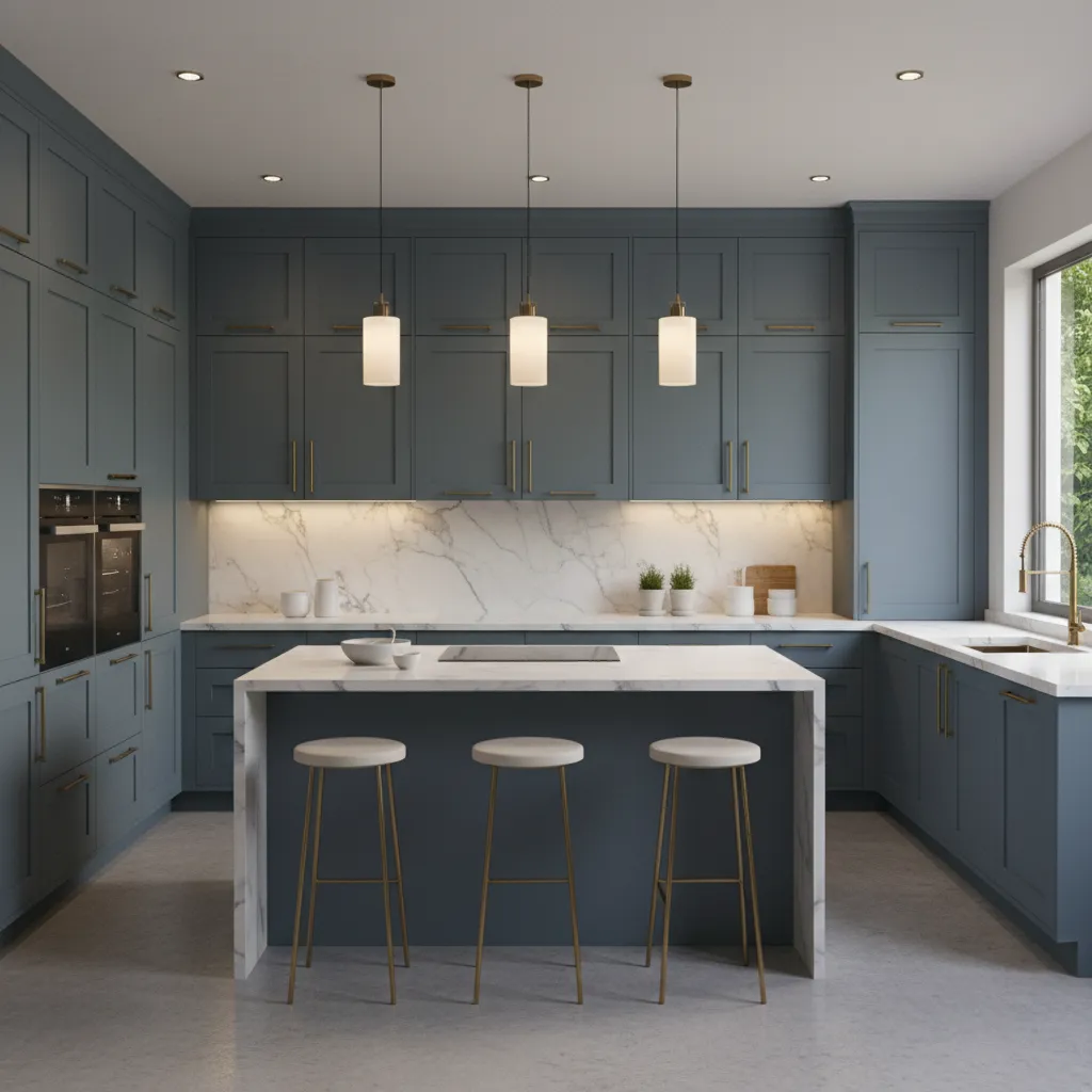 kitchen featuring blue cabinets with marble and brass accents